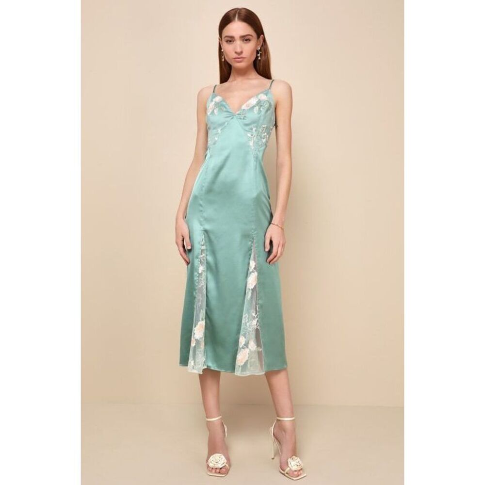 Lulus Sophisticated Guest Green Satin Embroidered Floral Midi Dress - Size S